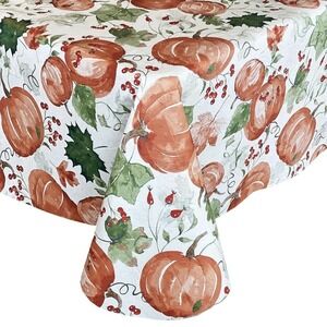 Autumn Harvest Tablecloth Vinyl Oblong 60" x 102" Peva Pumpkin Fall Thanksgiving